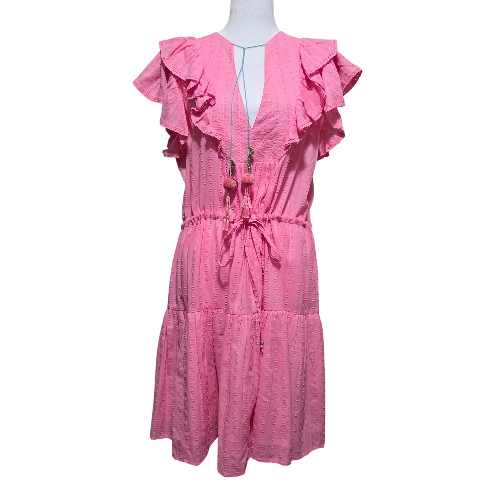 Alicia Bell Pink Gauze Clip Dot Ruffle Mini Dress Hamsa Charms XL NEW